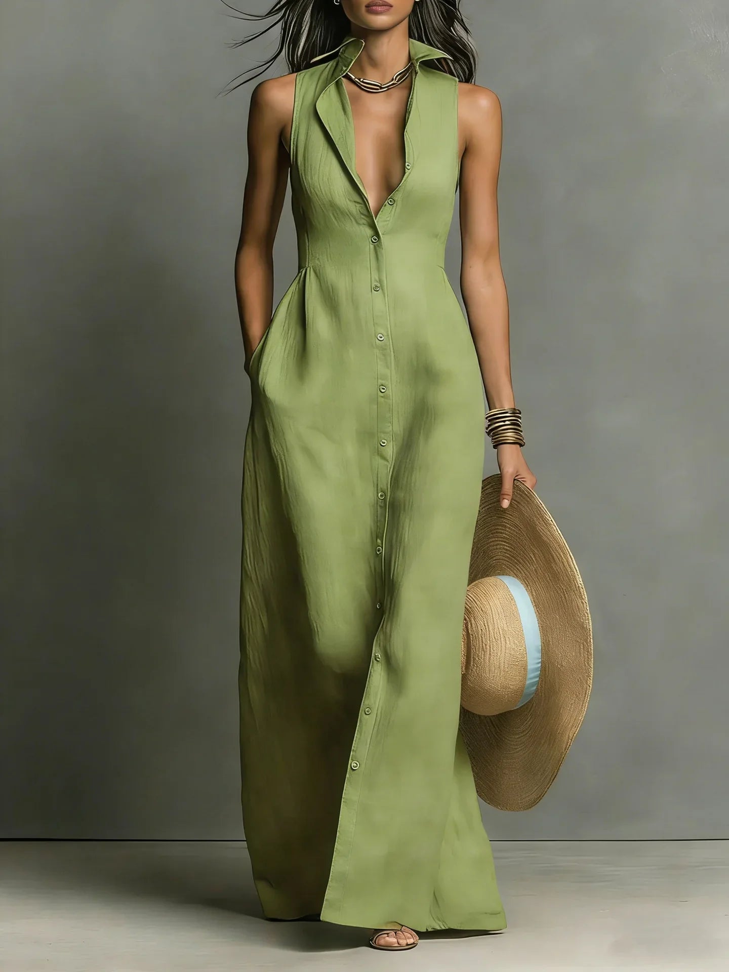 Women's Sleeveless Shirt Maxi Dress with Lapel Collar