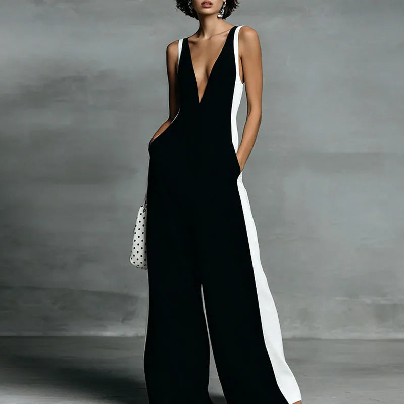 Women's Wide-Leg Jumpsuit with Deep V-Neck