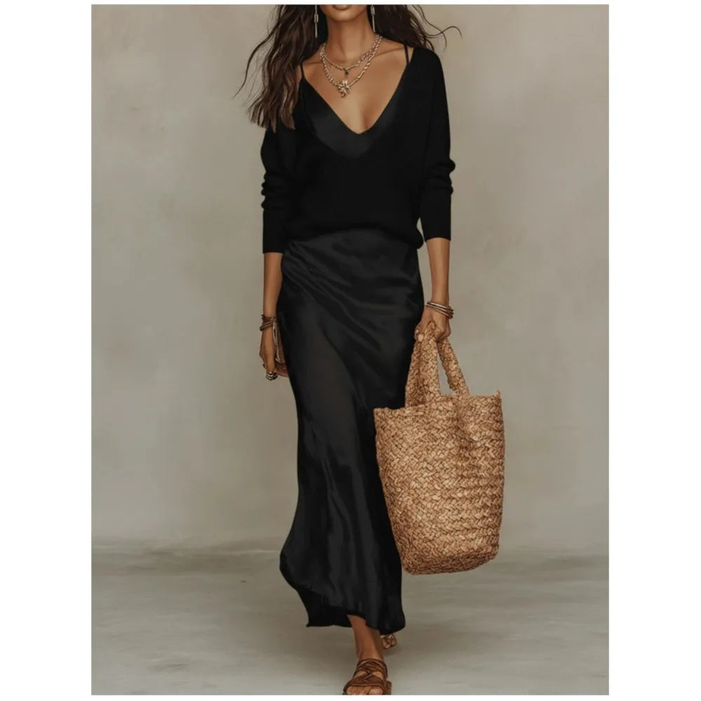 Ensemble deux pièces pour femme : robe en satin et pull col en V