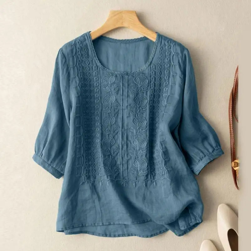 Blouse décontractée à col rond brodée pour femmes