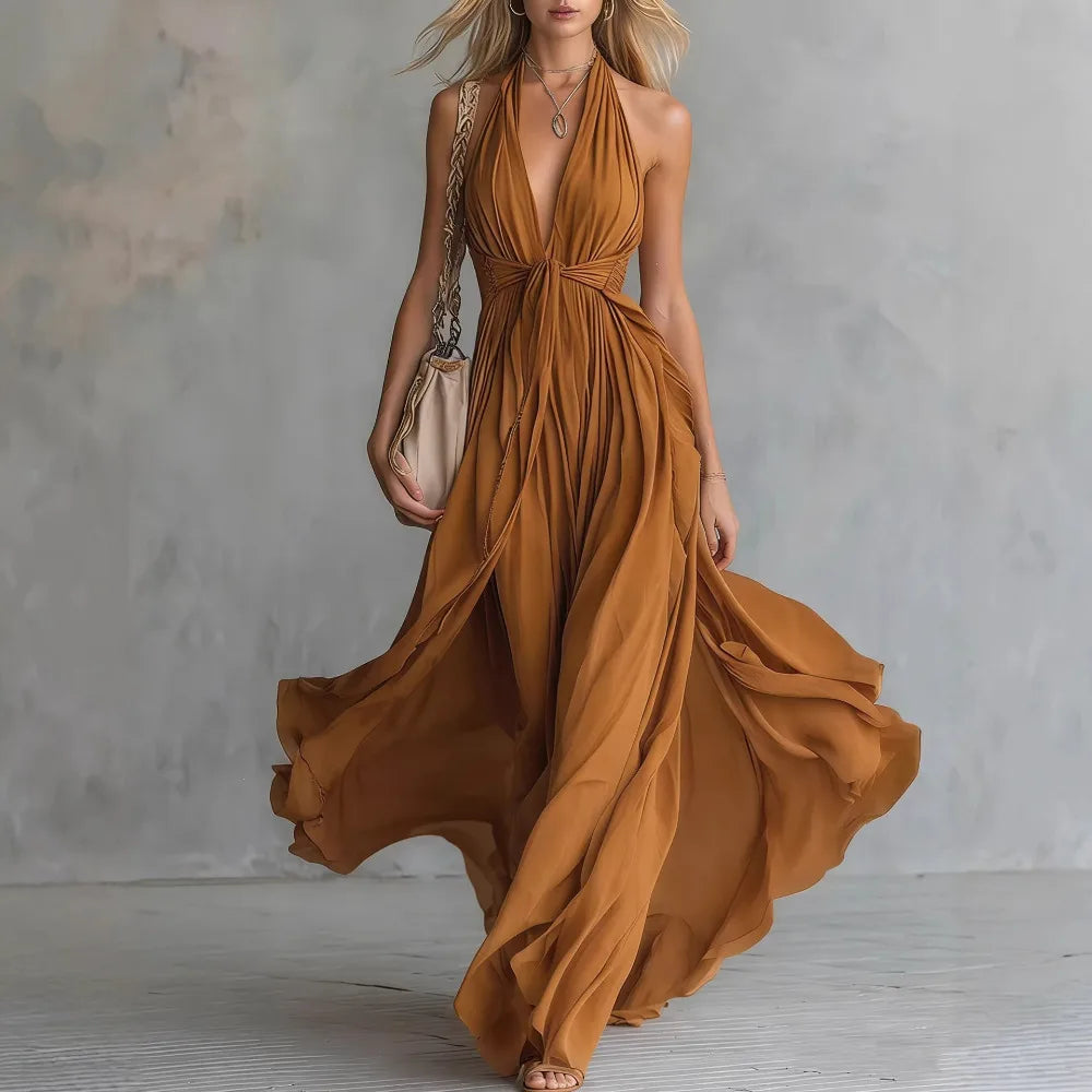Robe longue dos nu à col halter pour femme avec fente plissée sur le côté