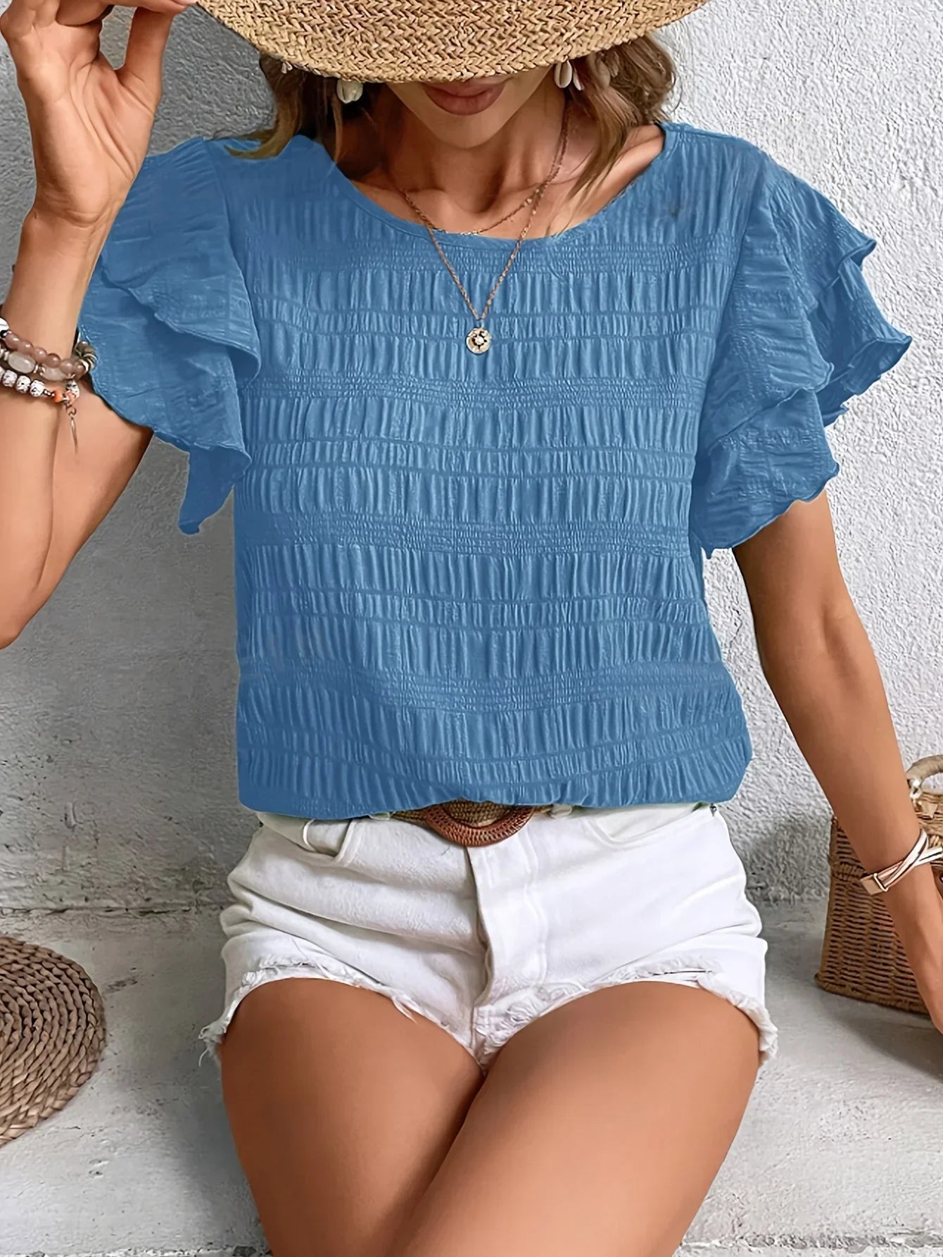 Blouse d'été décontractée pour femme avec manches à volants smockées