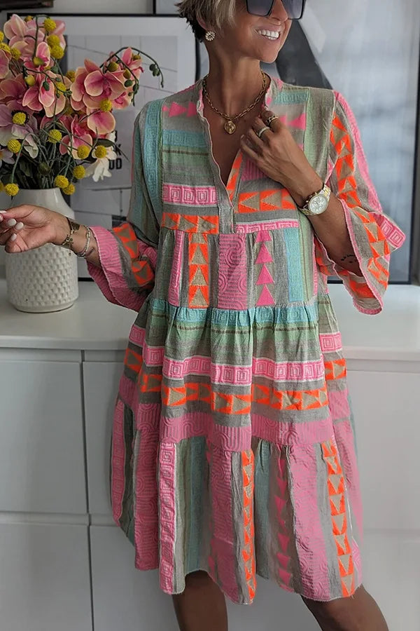 Robe courte à volants imprimée bohème pour femme