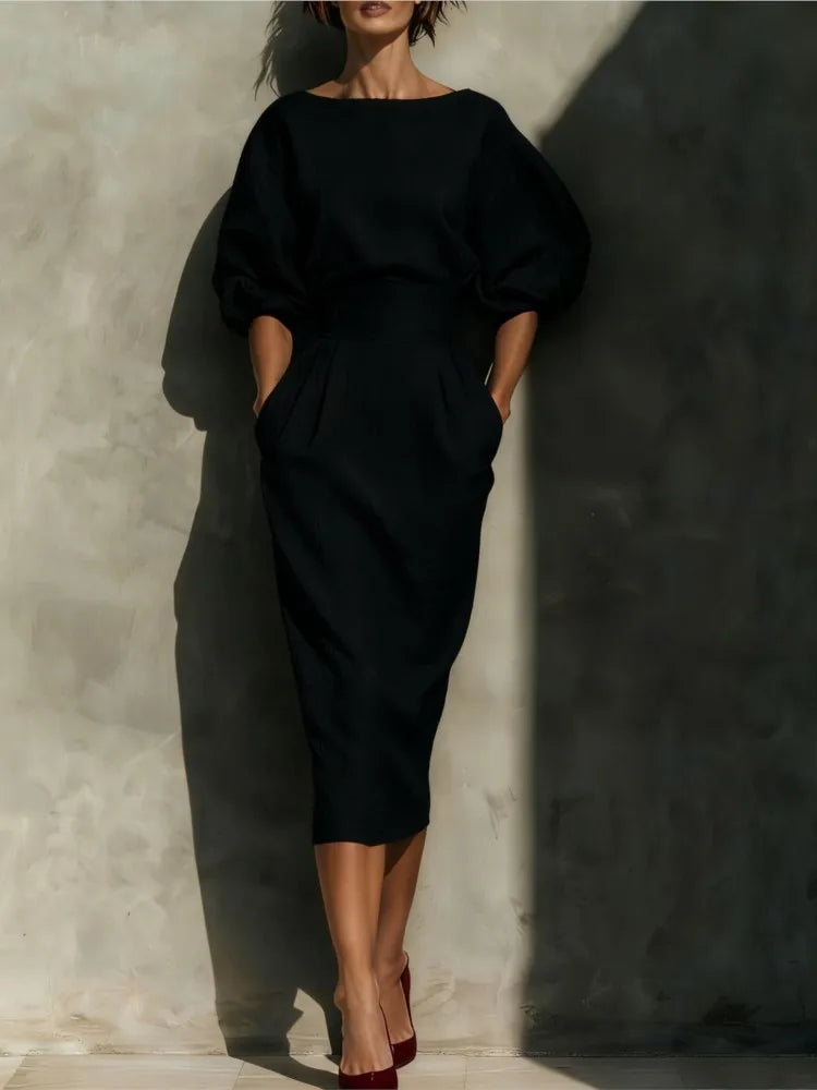 Robe midi à manches bouffantes pour femme avec poches