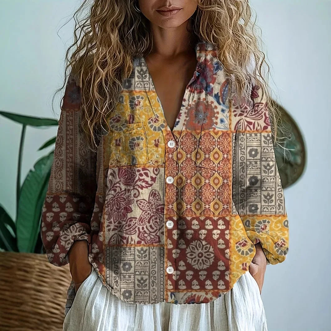 Γυναικεία Χαλαρή Μπλούζα Boho με V-Λαιμόκοψη και Μακριά Μανίκια