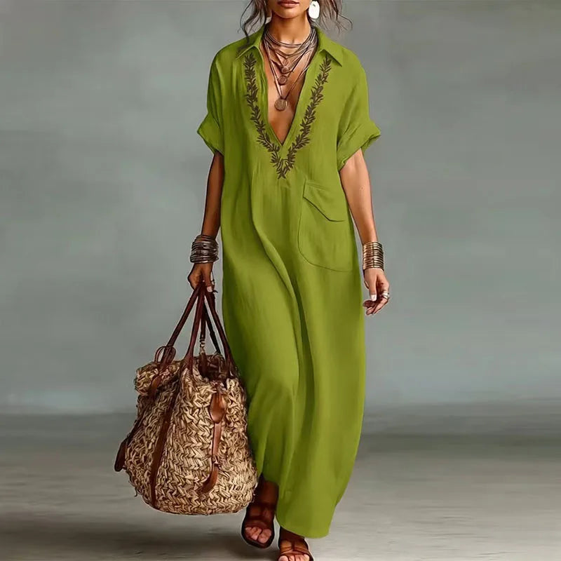 Robe maxi bohème imprimée pour femme avec décolleté plongeant en V
