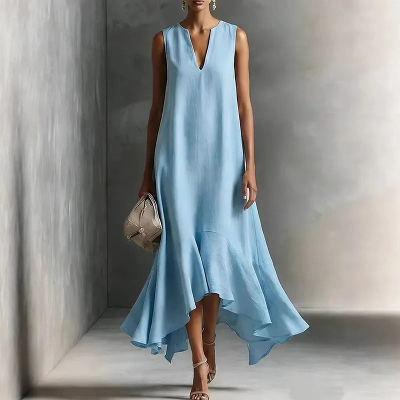 Robe d'été fluide pour femme à col en V avec ourlet à volants