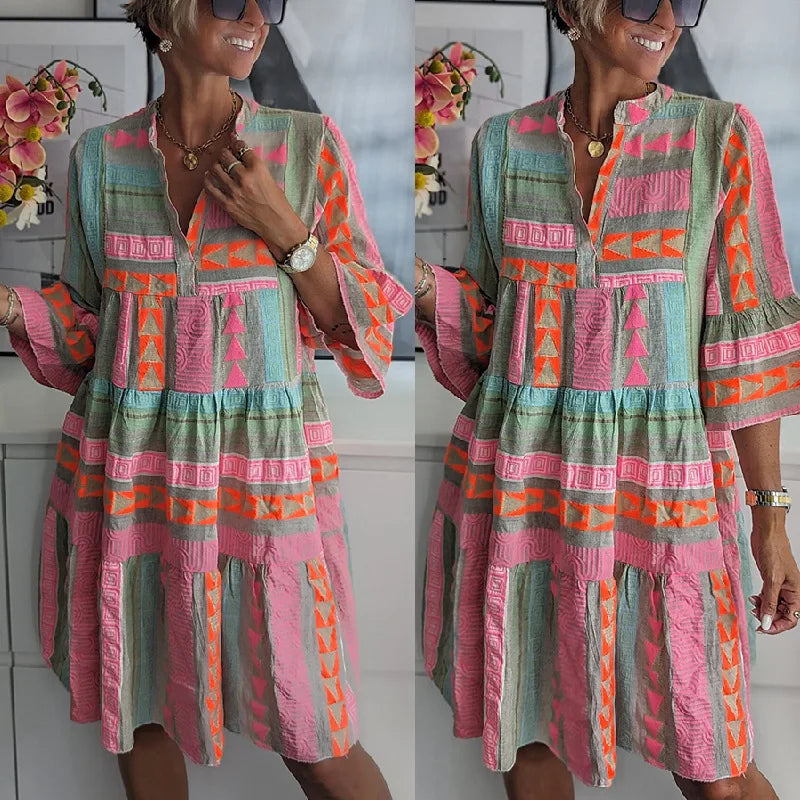 Robe courte à volants imprimée bohème pour femme