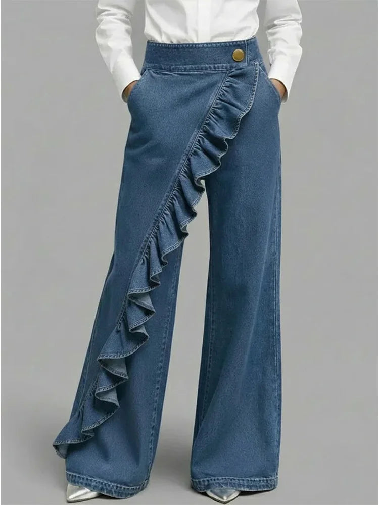Women's Wide Leg Jeans with Asymmetrical Ruffle