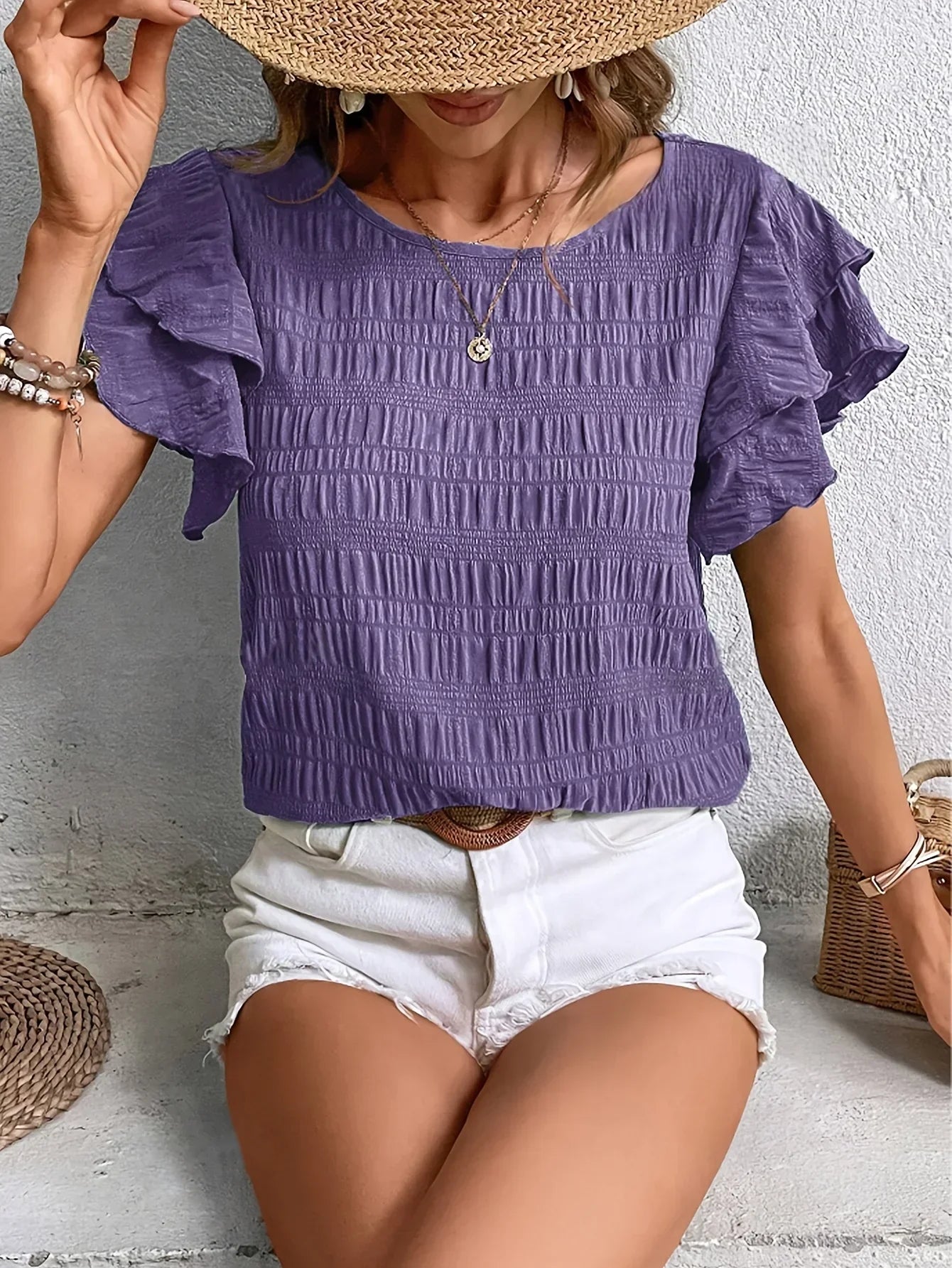 Blouse d'été décontractée pour femme avec manches à volants smockées