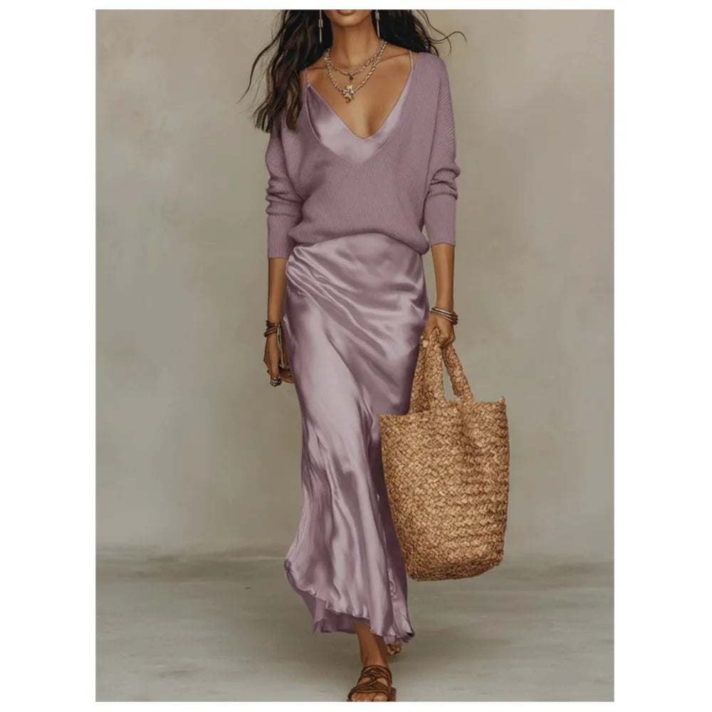 Ensemble deux pièces pour femme : robe en satin et pull col en V
