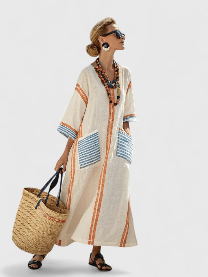 Women's Bohemian Striped V-Neck Maxi Caftan Dress with Pockets