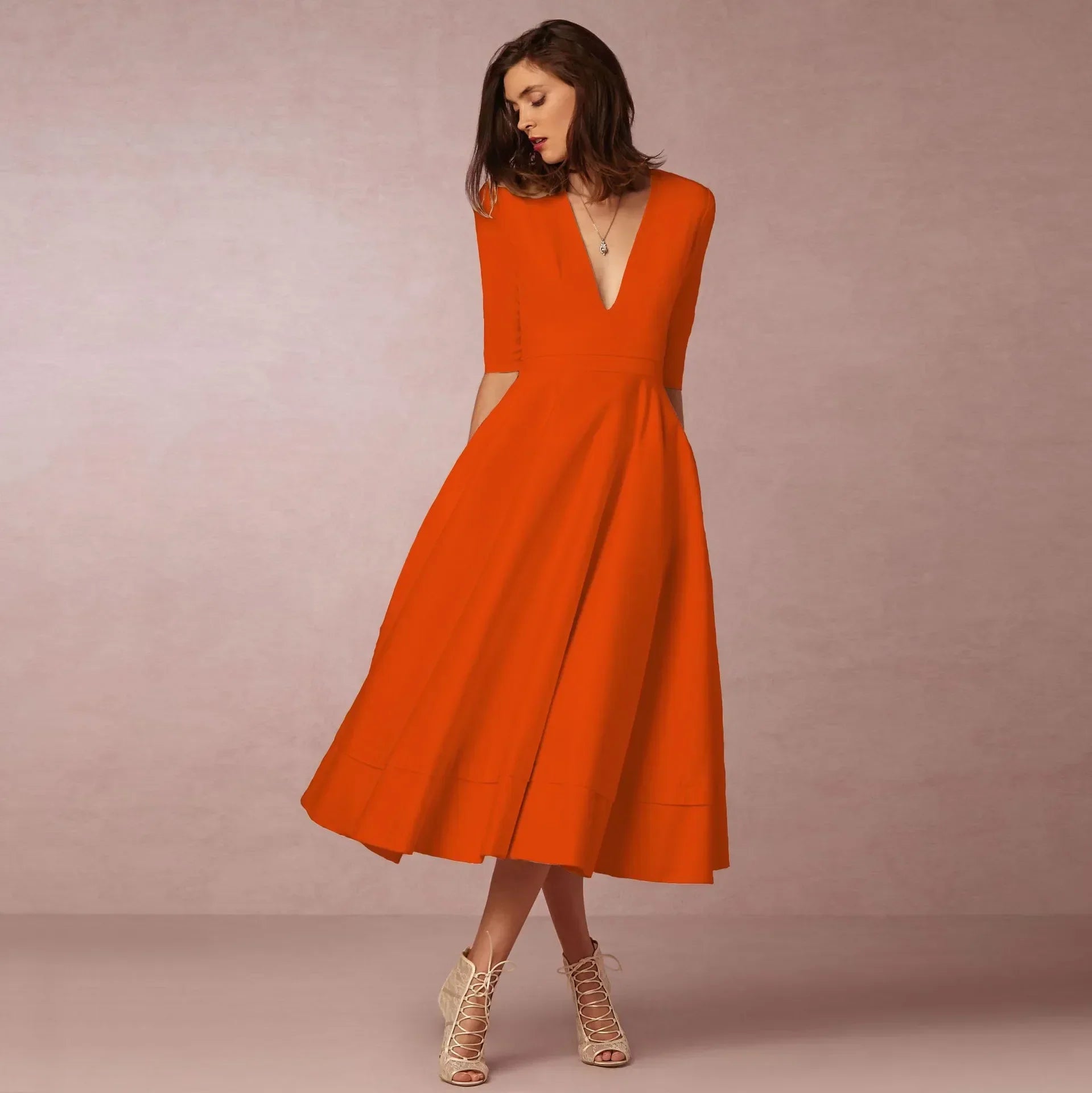 Elegant V-Neck Elbow-Sleeve Midi Dress