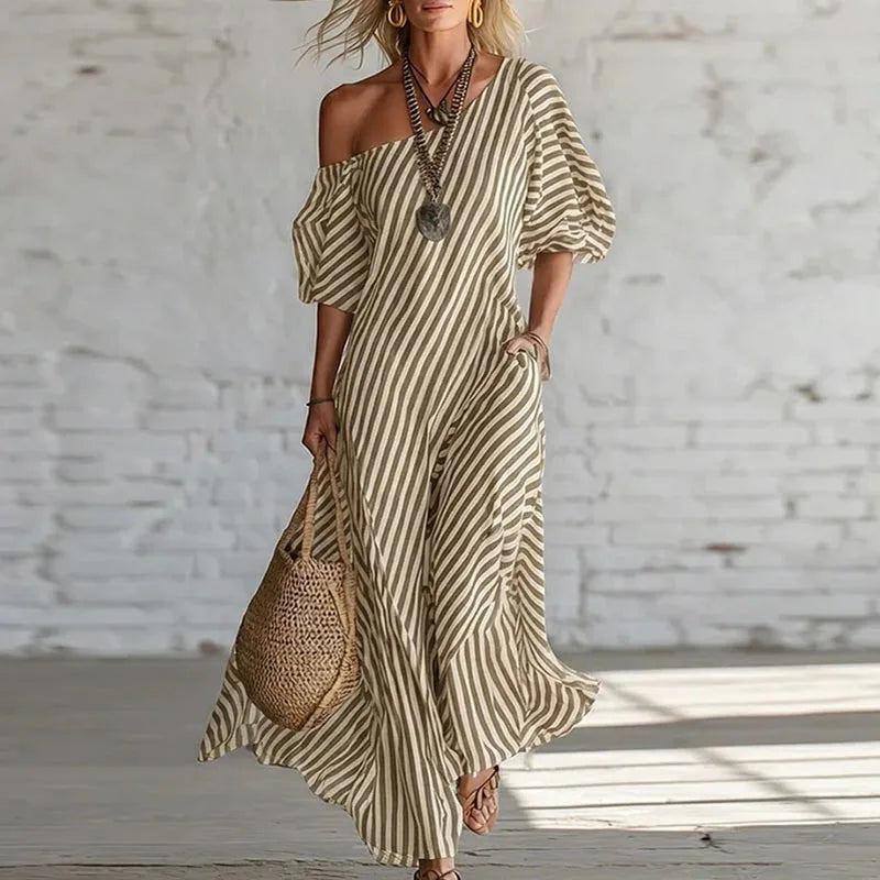Women's One Shoulder Striped Puff Sleeve Maxi Dress