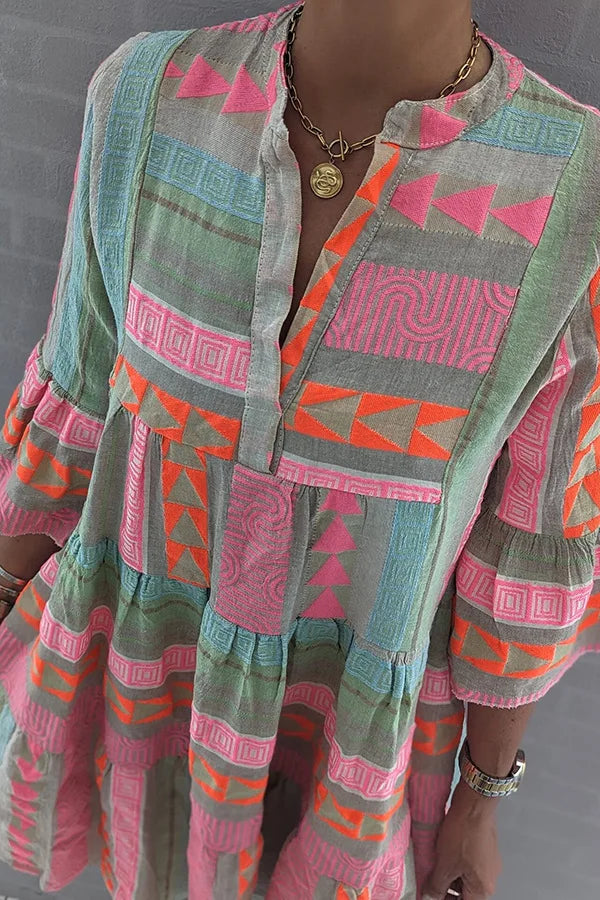 Robe courte à volants imprimée bohème pour femme