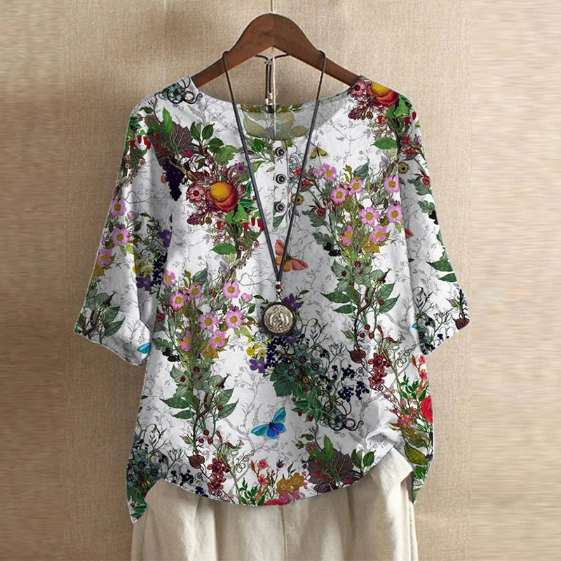 Women's Short Sleeve Round Neck Vintage Floral Blouse