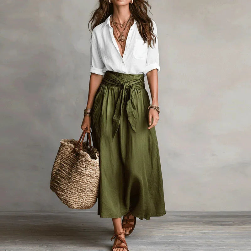 Ensemble deux pièces pour femme : blouse et jupe midi à taille nouée