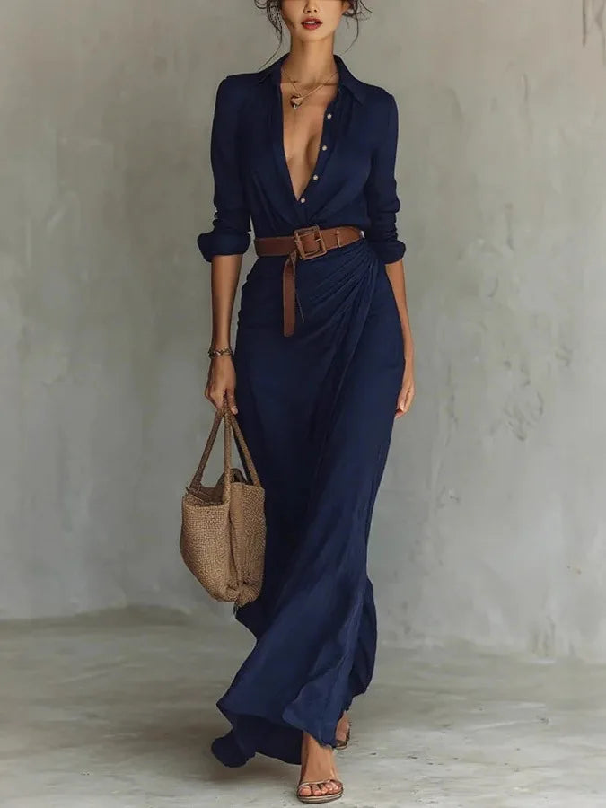 Women's Pleated Maxi Dress with V-Neck and Long Sleeves