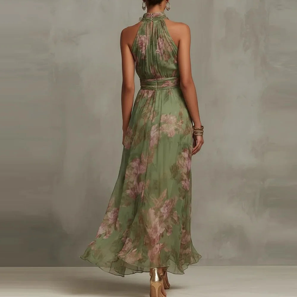 Robe longue à col licou fleurie pour femme