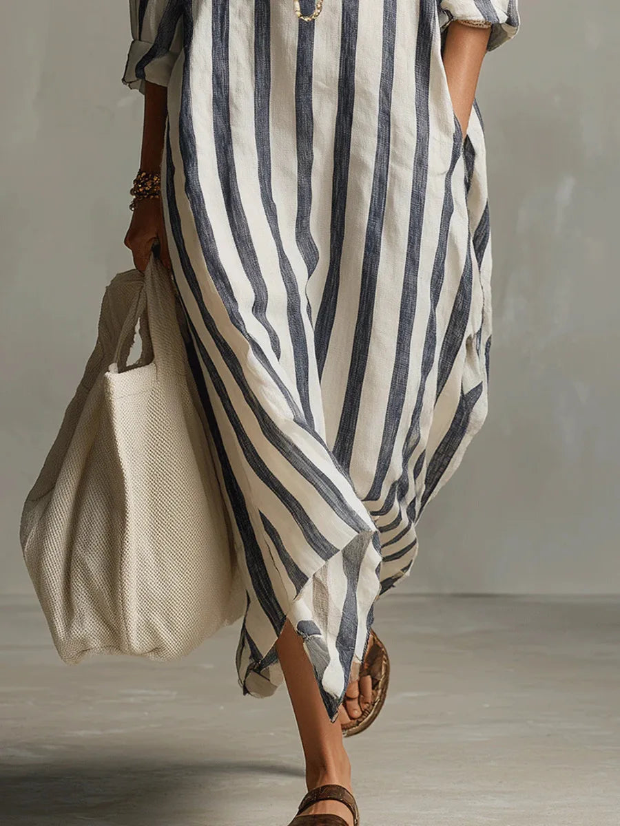 Women's Relaxed Striped Maxi Shirt Dress with V-Neck Collar