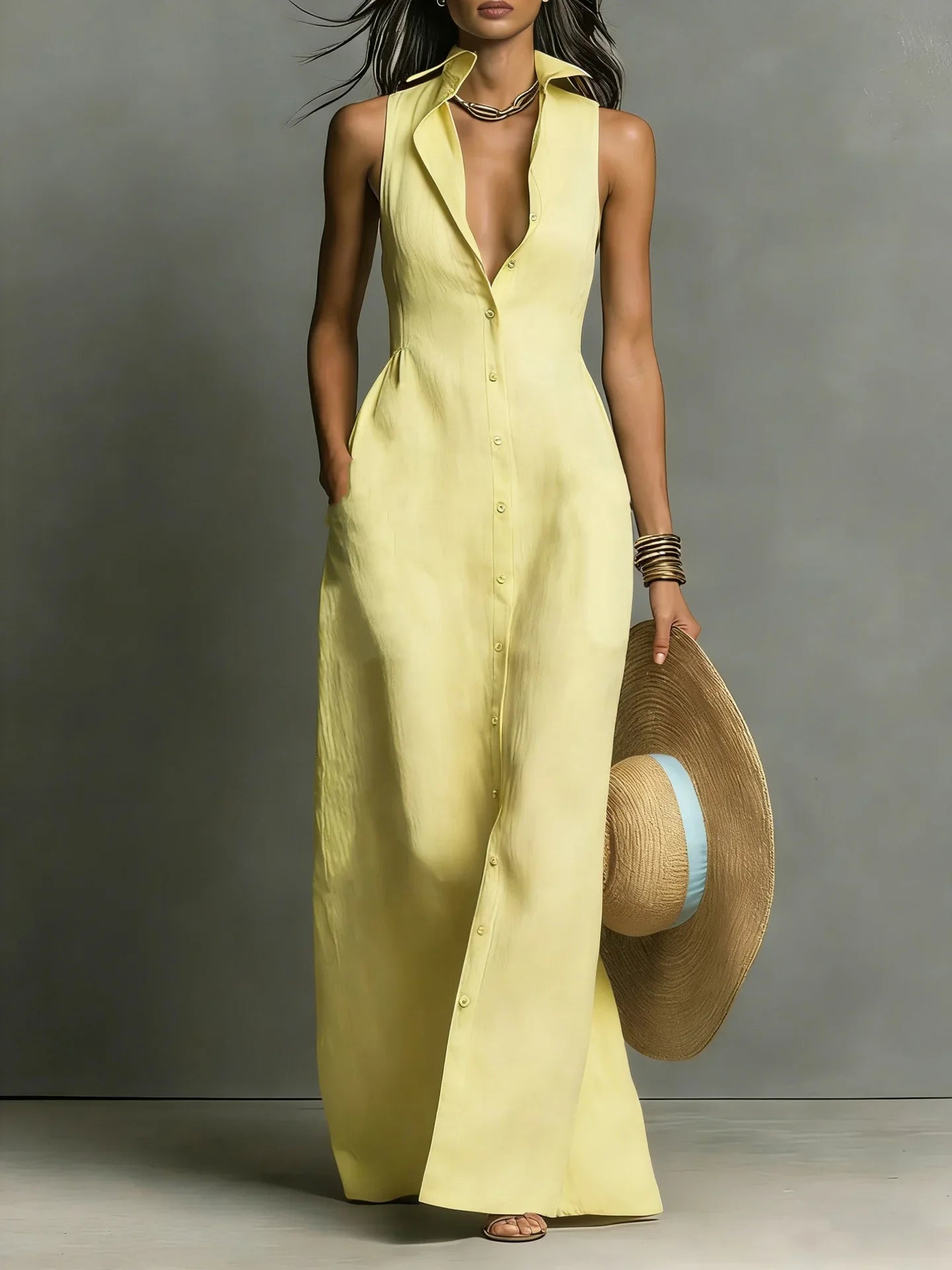Women's Sleeveless Shirt Maxi Dress with Lapel Collar