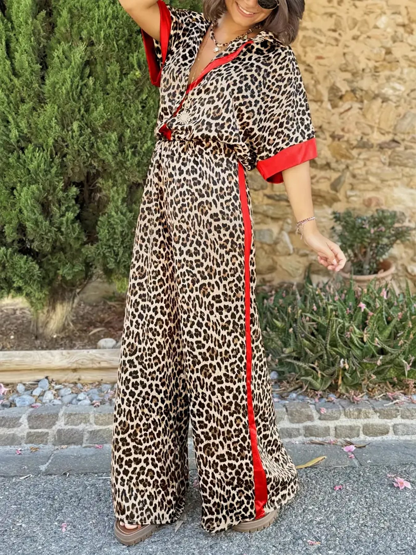 Women's Leopard Print Wide Leg Jumpsuit with V-Neck