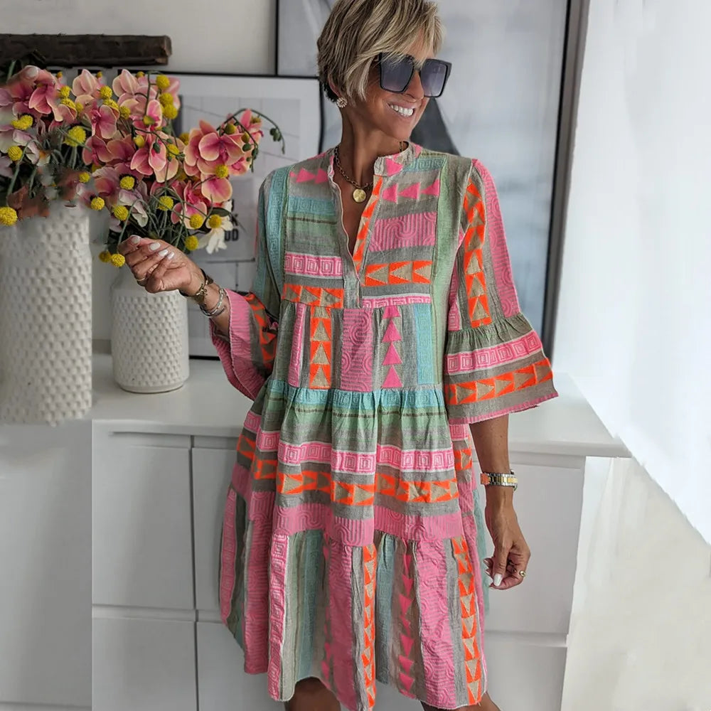 Robe courte à volants imprimée bohème pour femme