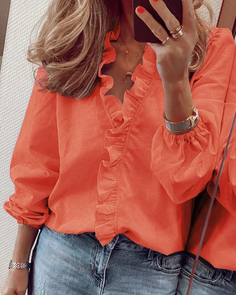 Blouse à manches longues à col en V avec volants pour femmes
