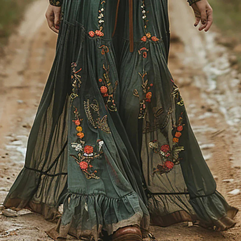 Women's Elegant Boho V-Neck Long Sleeve Maxi Dress