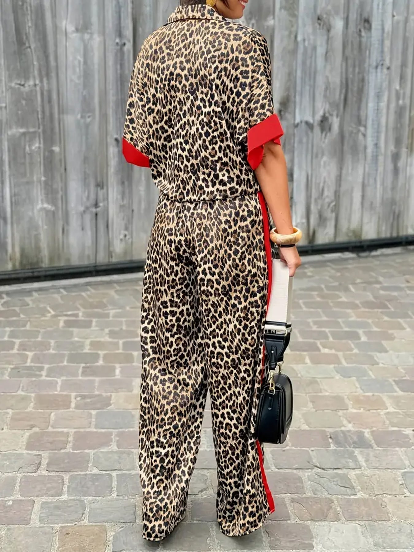 Women's Leopard Print Wide Leg Jumpsuit with V-Neck