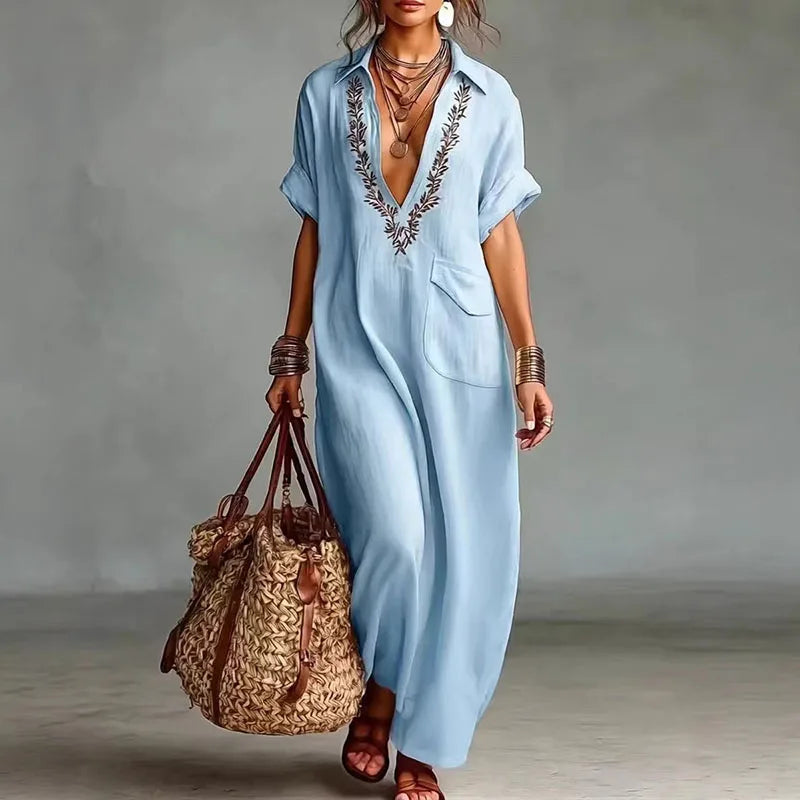 Robe maxi bohème imprimée pour femme avec décolleté plongeant en V