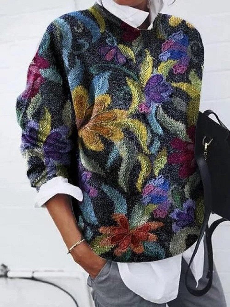 Women’s Floral Print Crew Neck Knit Sweater