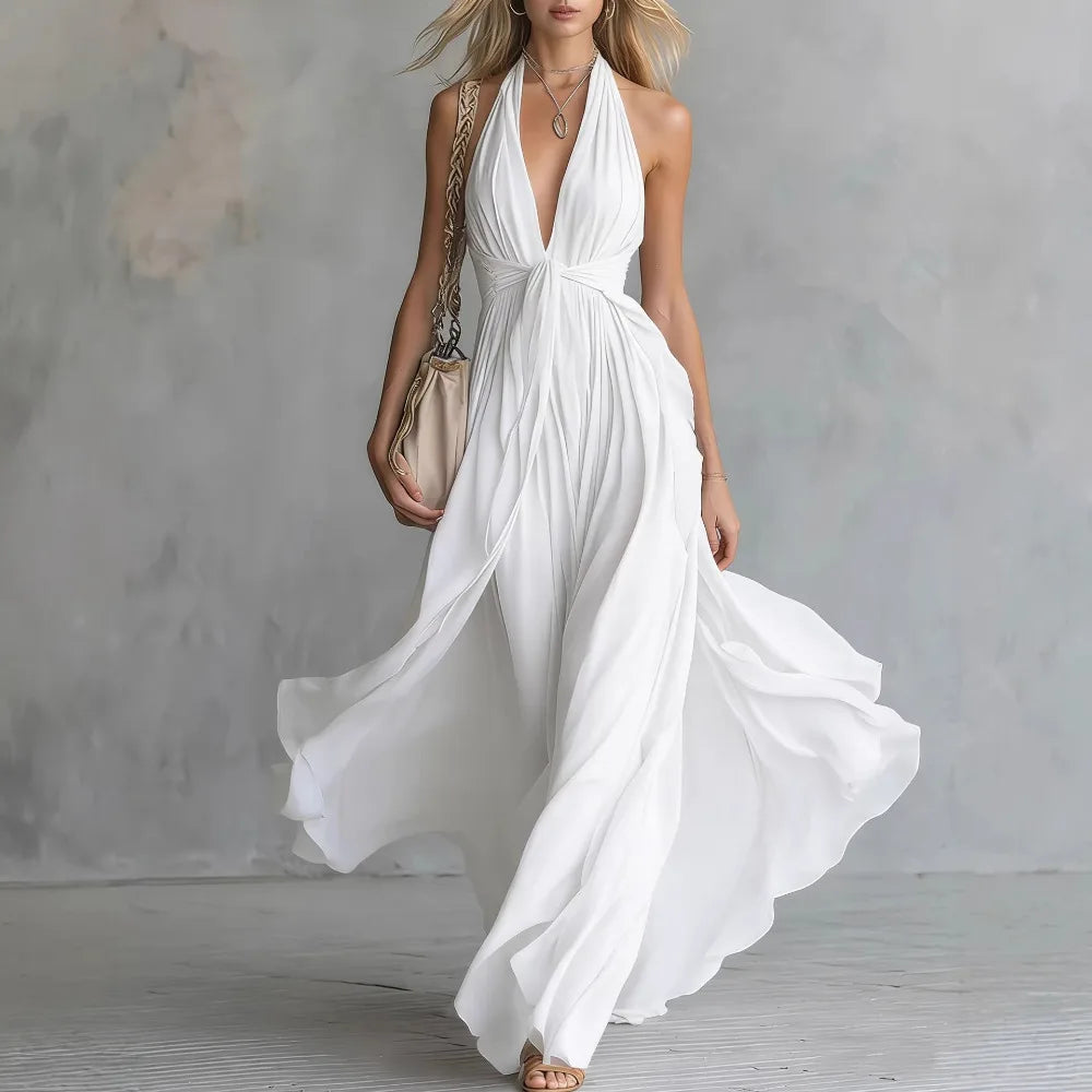 Robe longue dos nu à col halter pour femme avec fente plissée sur le côté