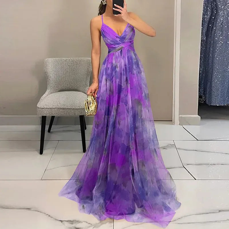 Robe longue élégante pour femme invitée de mariage avec col en V