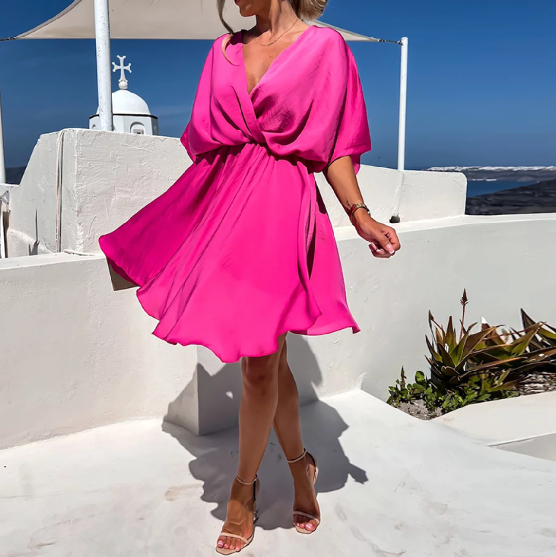 Elegant V-Neck Flowy Wrap Mini Dress