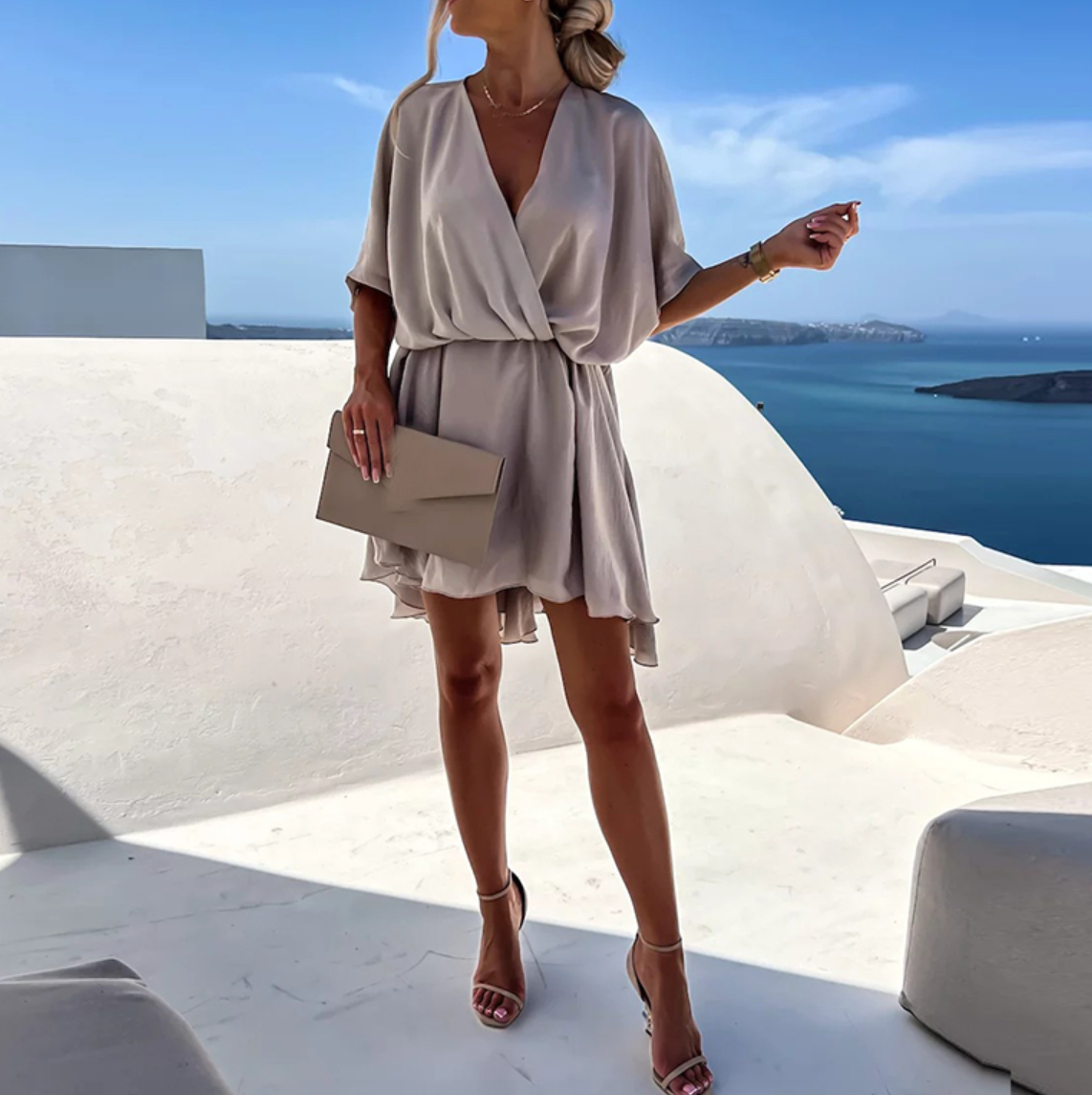 Elegant V-Neck Flowy Wrap Mini Dress