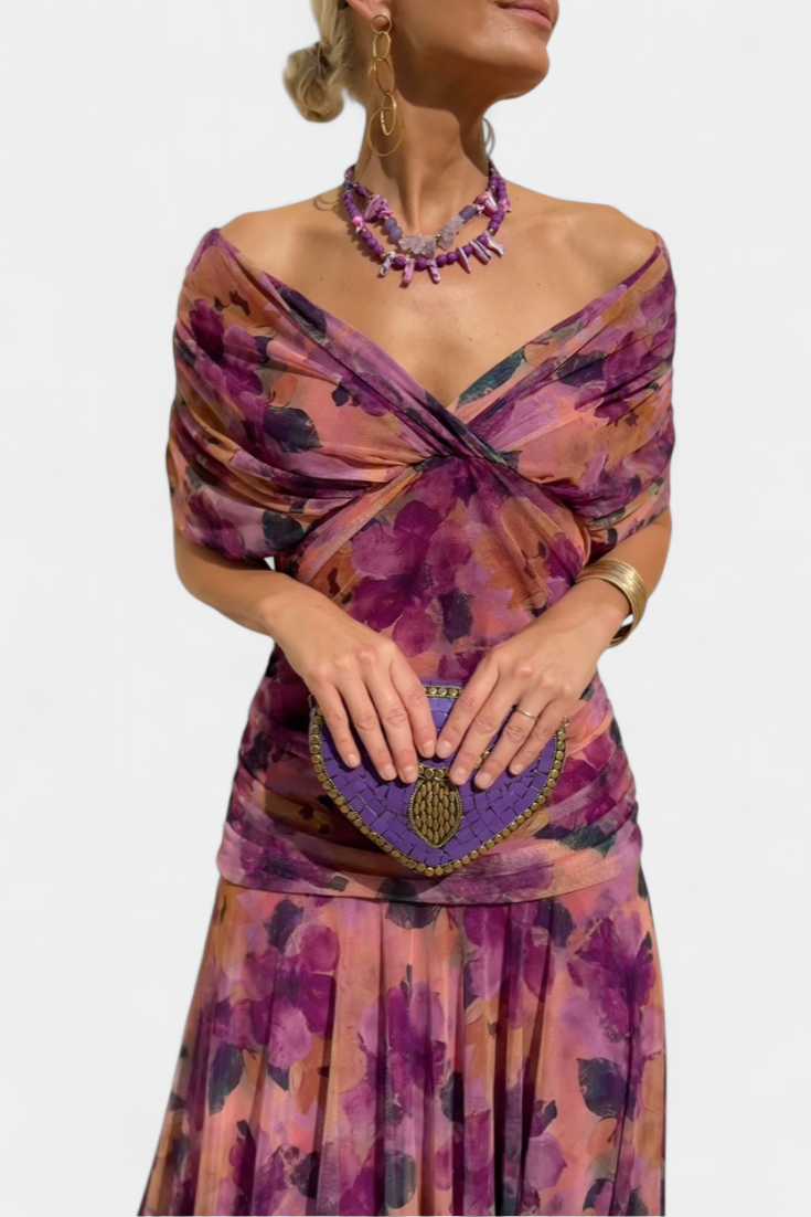 Women's Maxi Dress with V-Neck and Ruched Waist
