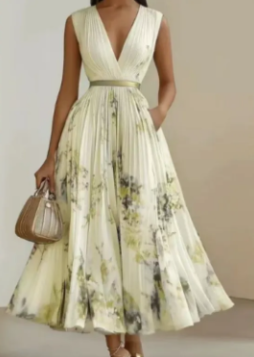 Women's Floral V-Neck Maxi Dress with Pleated Skirt