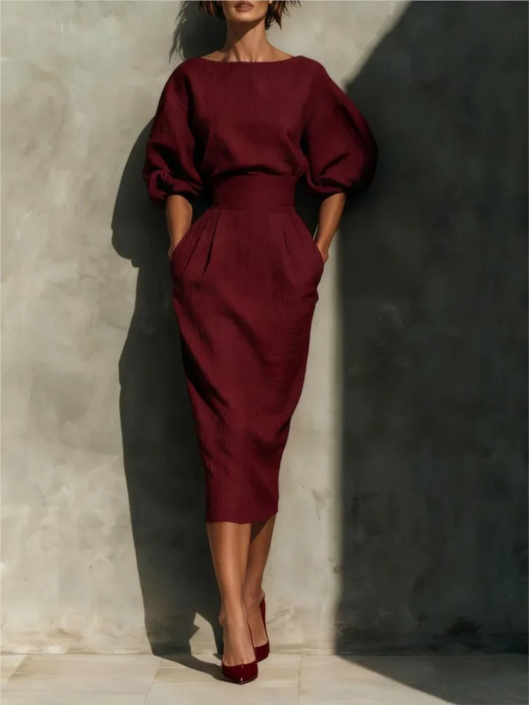 Robe midi à manches bouffantes pour femme avec poches