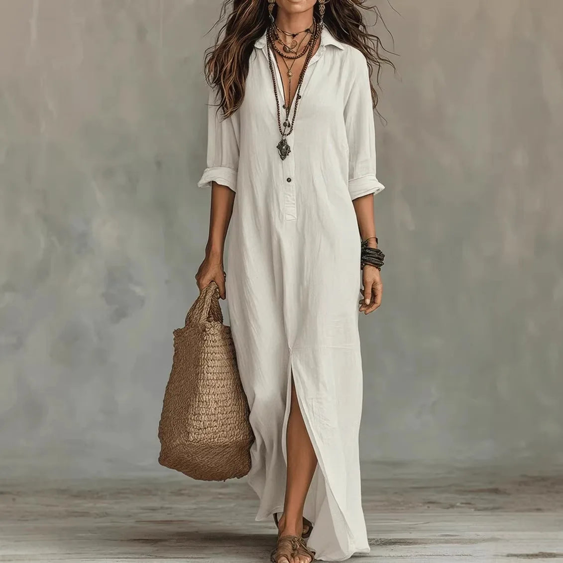 Women's Relaxed Button-Front Maxi Shirt Dress with Side Slit