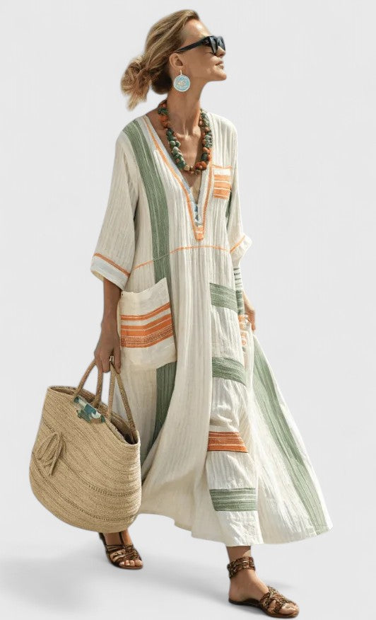 Women's Bohemian Striped V-Neck Maxi Caftan Dress with Pockets