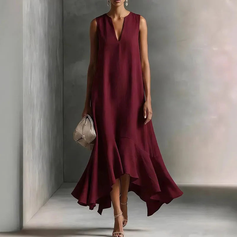 Robe d'été fluide pour femme à col en V avec ourlet à volants