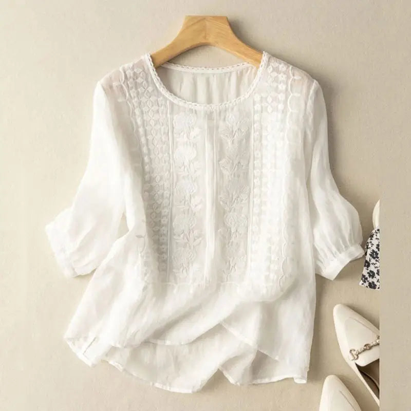 Blouse décontractée à col rond brodée pour femmes
