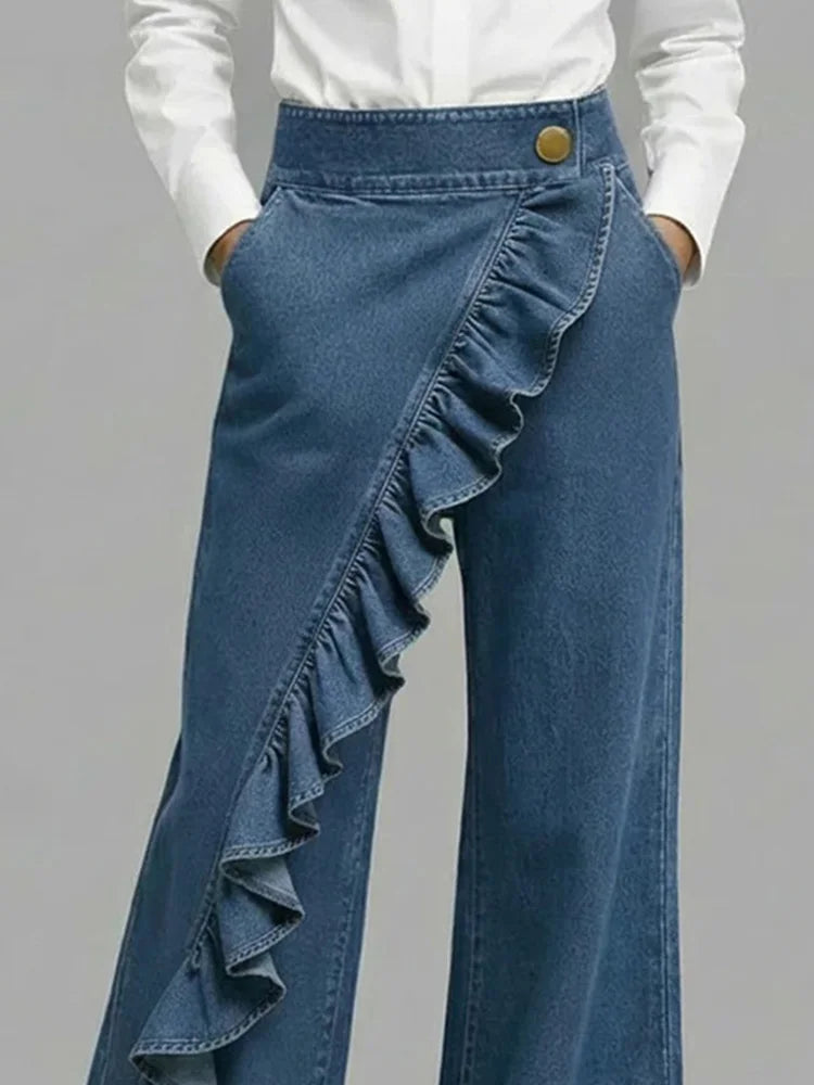 Women's Wide Leg Jeans with Asymmetrical Ruffle