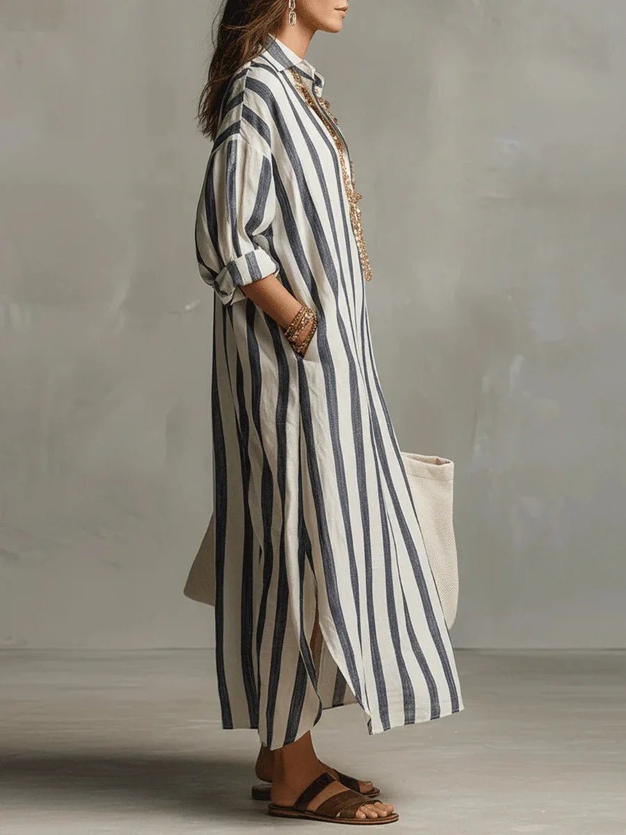 Women's Relaxed Striped Maxi Shirt Dress with V-Neck Collar