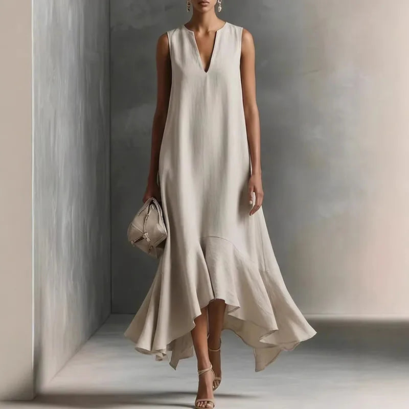 Robe d'été fluide pour femme à col en V avec ourlet à volants