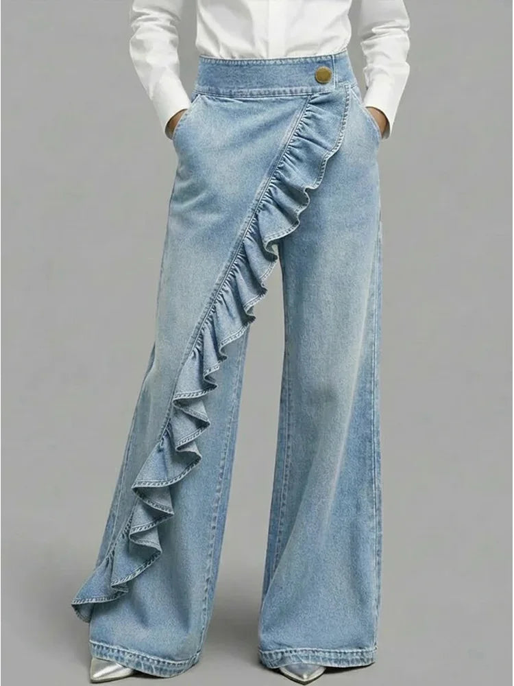 Women's Wide Leg Jeans with Asymmetrical Ruffle