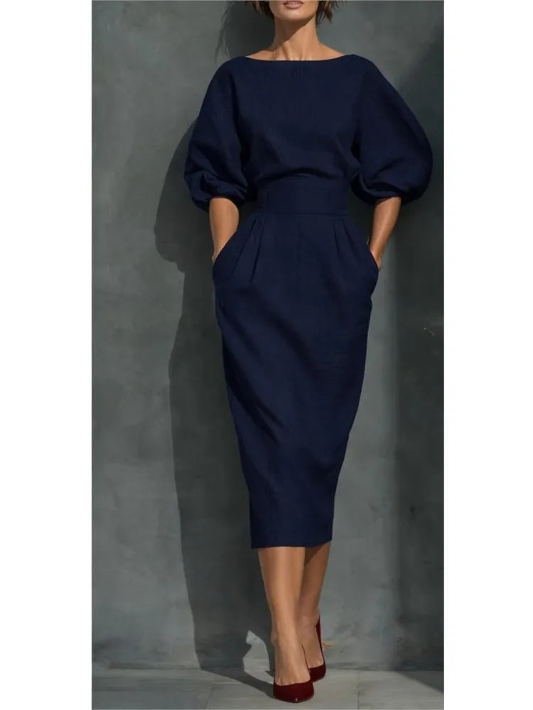Robe midi à manches bouffantes pour femme avec poches