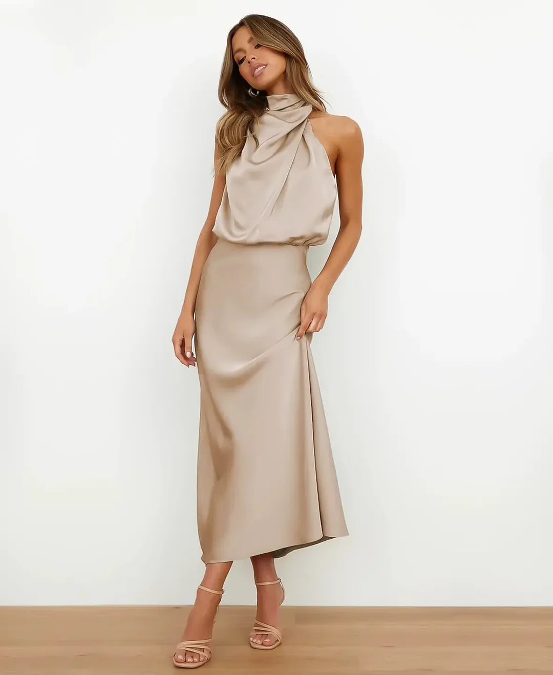 Women's Elegant Sleeveless Mock Neck Midi Dress with Draped Silhouette