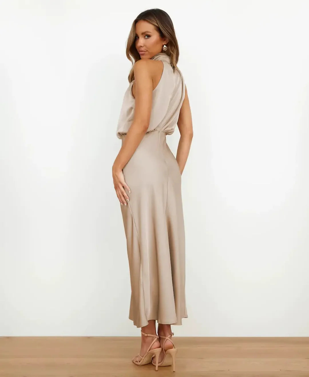 Women's Elegant Sleeveless Mock Neck Midi Dress with Draped Silhouette
